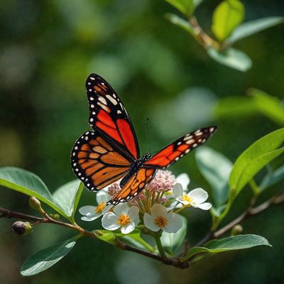 The primary subject of the image is a butterfly perched on a branch with white flowers. The setting is a natural environment, possibly a forest or garden, with green leaves surrounding the butterfly. The visual style is a close-up of the butterfly, showcasing its vibrant colors and intricate patterns. The colors and mood of the image are lively and serene, as the butterfly sits peacefully among the flowers.